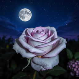 A beautiful gray rose with violet highlights blooming under a starry night sky