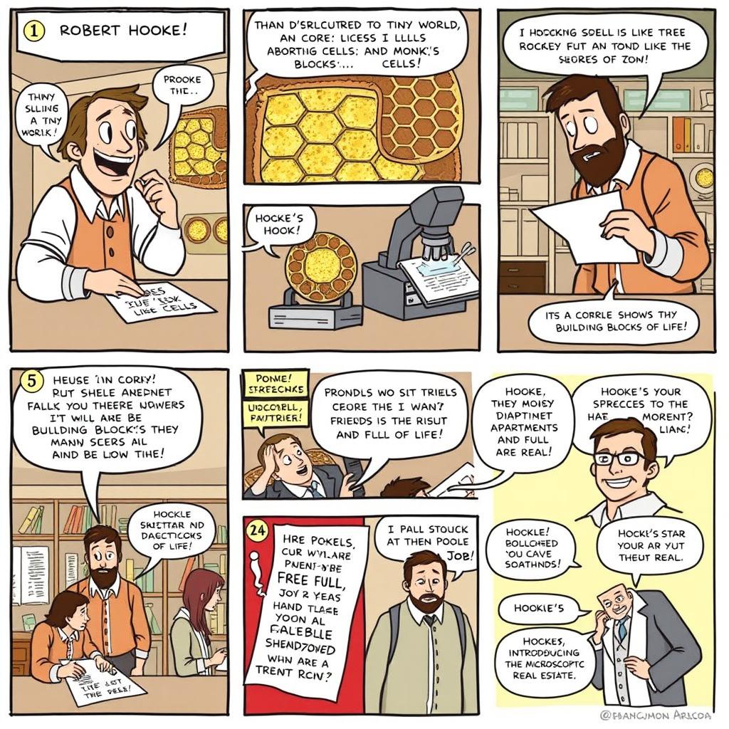 A comedic comic strip featuring Robert Hooke in a lab setting