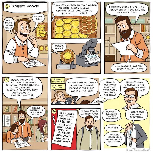 A comedic comic strip featuring Robert Hooke in a lab setting