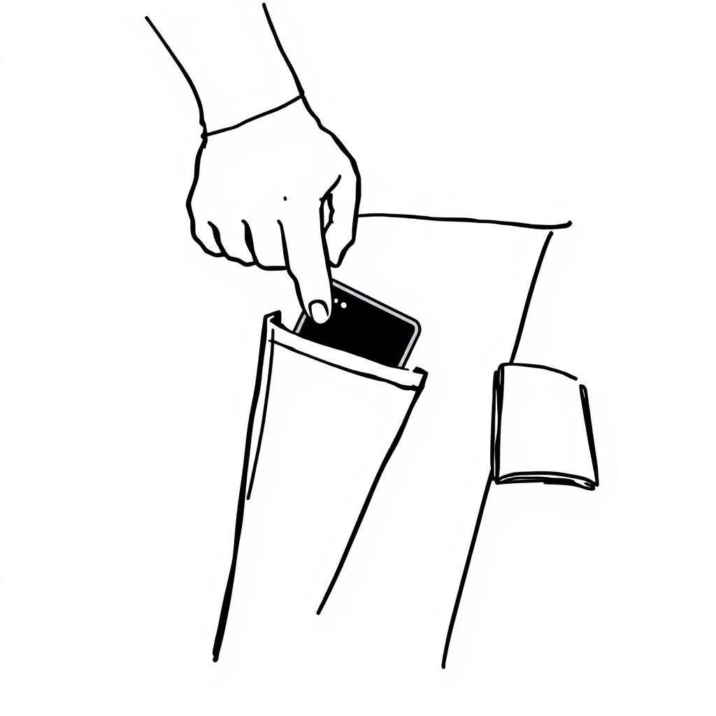 A simplistic silhouette illustration on a white background showing a student's hand with fingers slackly losing their grip on a phone, which is safely tucked away in their pocket