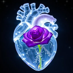 A transparent anatomical crystal heart showing intricate details, with a beautiful violet rose delicately placed inside