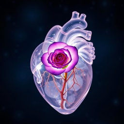 A transparent anatomical crystal heart showing intricate details, with a beautiful violet rose delicately placed inside
