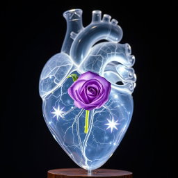 A transparent anatomical crystal heart showing intricate details, with a beautiful violet rose delicately placed inside