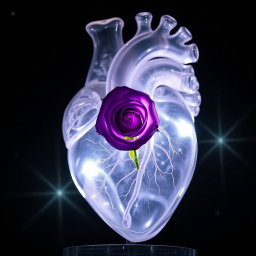 A transparent anatomical crystal heart showing intricate details, with a beautiful violet rose delicately placed inside