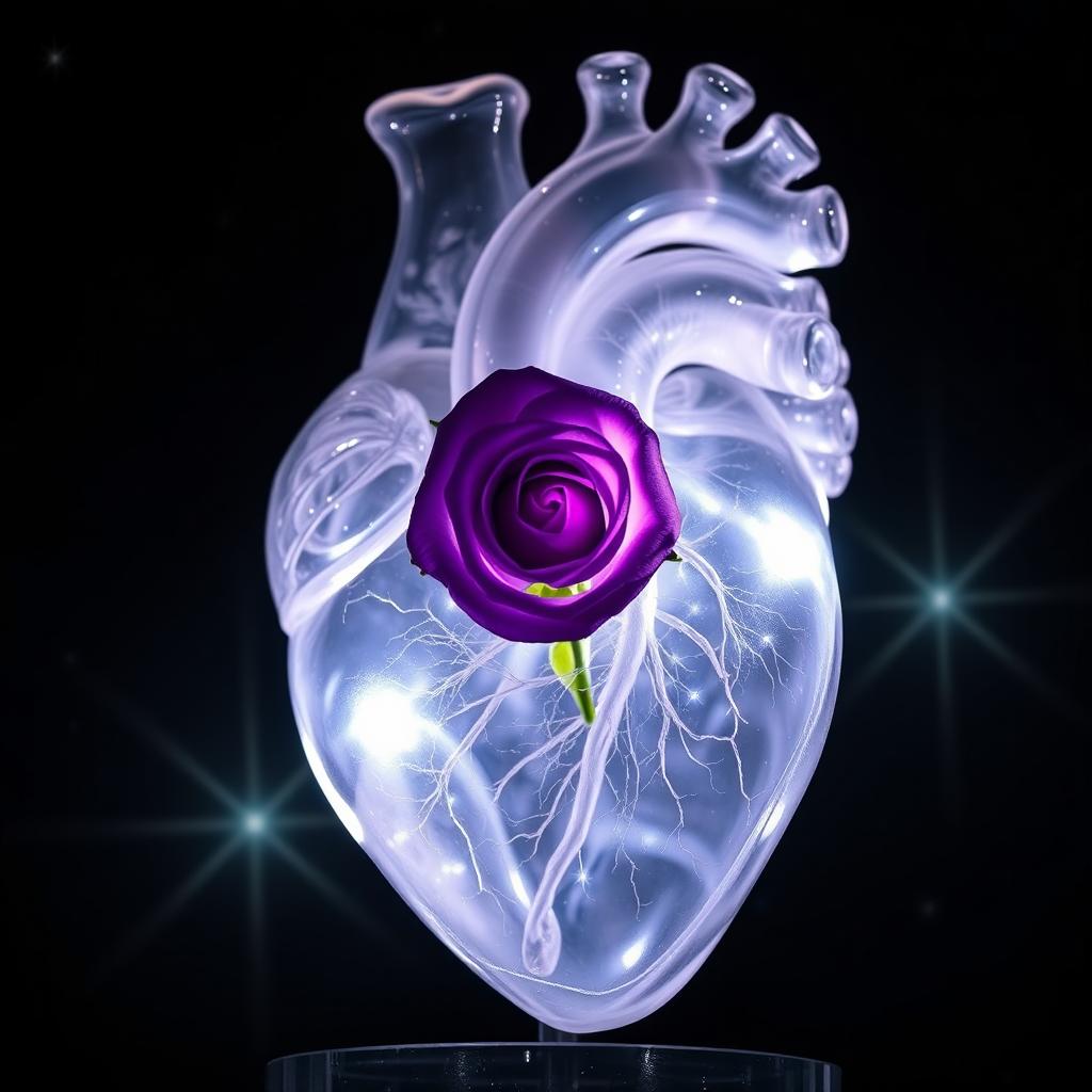A transparent anatomical crystal heart showing intricate details, with a beautiful violet rose delicately placed inside