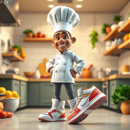A 3D illustration of a confident chef wearing stylish Air Jordan sneakers