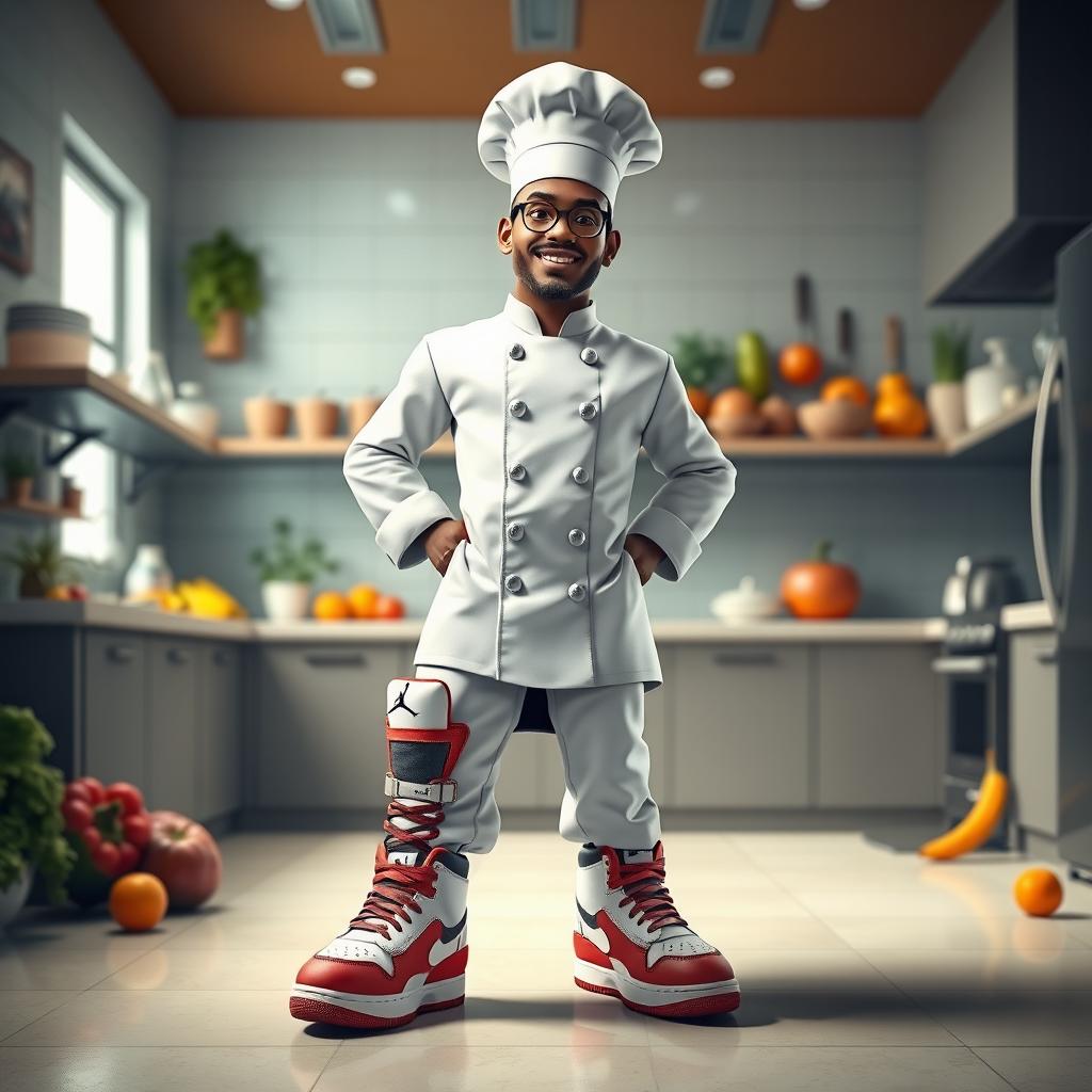 A 3D illustration of a confident chef wearing stylish Air Jordan sneakers