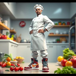 A 3D illustration of a confident chef wearing stylish Air Jordan sneakers