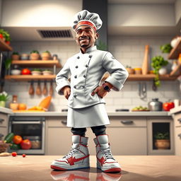 A 3D illustration of a confident chef wearing stylish Air Jordan sneakers