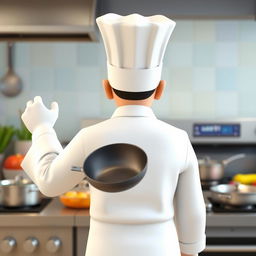 A 3D chef seen from behind, wearing a traditional white chef coat and a tall white chef hat