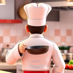 A 3D chef seen from behind, wearing a traditional white chef coat and a tall white chef hat
