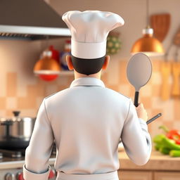 A 3D chef seen from behind, wearing a traditional white chef coat and a tall white chef hat