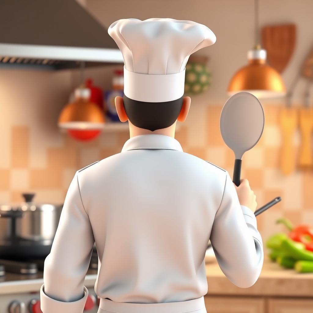 A 3D chef seen from behind, wearing a traditional white chef coat and a tall white chef hat