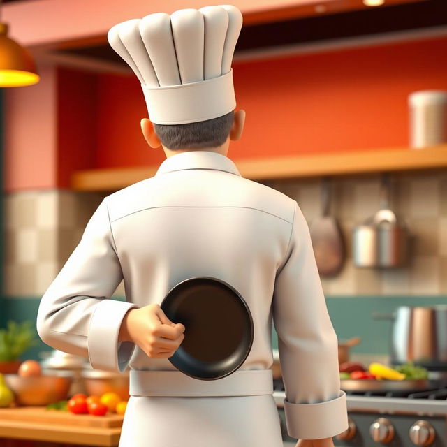 A 3D chef seen from behind, wearing a traditional white chef coat and a tall white chef hat