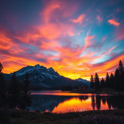A majestic mountain landscape at sunset, featuring a vibrant sky filled with oranges, purples, and pinks