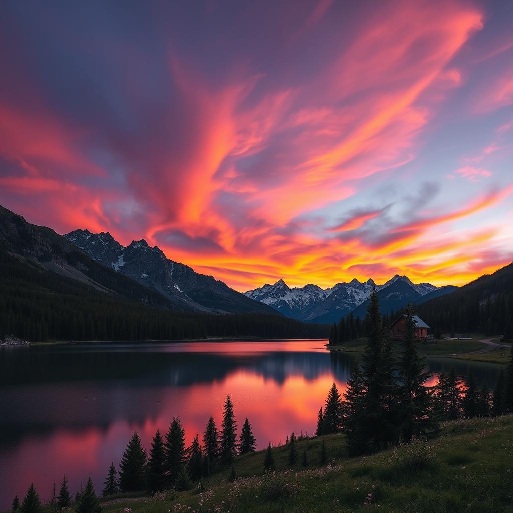 A majestic mountain landscape at sunset, featuring a vibrant sky filled with oranges, purples, and pinks