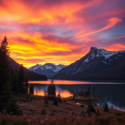 A majestic mountain landscape at sunset, featuring a vibrant sky filled with oranges, purples, and pinks