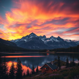 A majestic mountain landscape at sunset, featuring a vibrant sky filled with oranges, purples, and pinks
