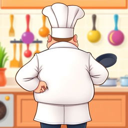 A cartoon chef shown from the back, characterized by a plump figure, wearing a traditional white chef's coat and a tall white chef's hat