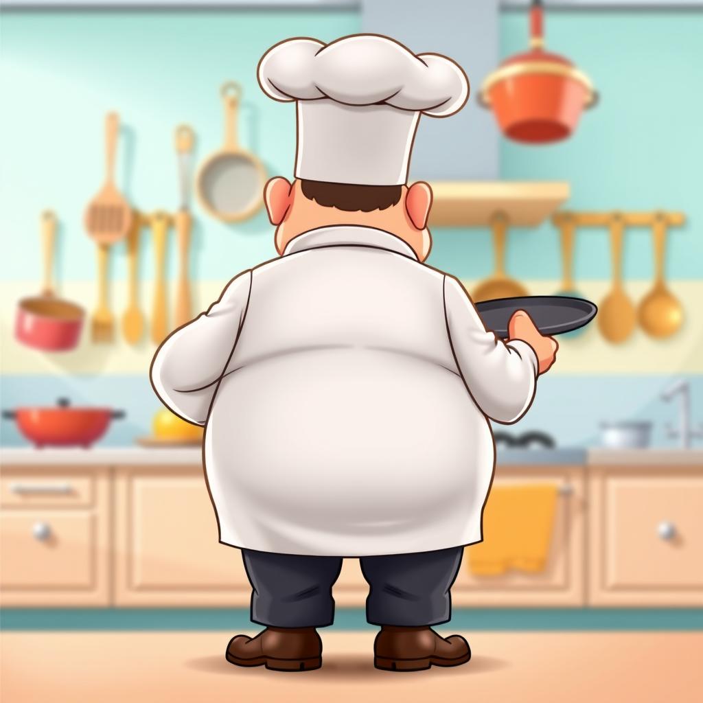 A cartoon chef shown from the back, characterized by a plump figure, wearing a traditional white chef's coat and a tall white chef's hat