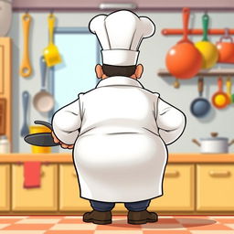 A cartoon chef shown from the back, characterized by a plump figure, wearing a traditional white chef's coat and a tall white chef's hat