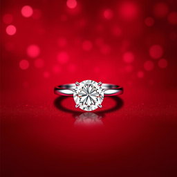 A stunning maroon sparkling background that radiates elegance, featuring a singular, exquisite shining diamond ring prominently displayed at the center