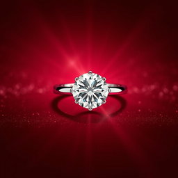 A stunning maroon sparkling background that radiates elegance, featuring a singular, exquisite shining diamond ring prominently displayed at the center