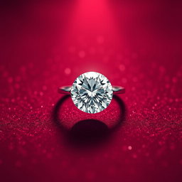 A stunning maroon sparkling background that radiates elegance, featuring a singular, exquisite shining diamond ring prominently displayed at the center