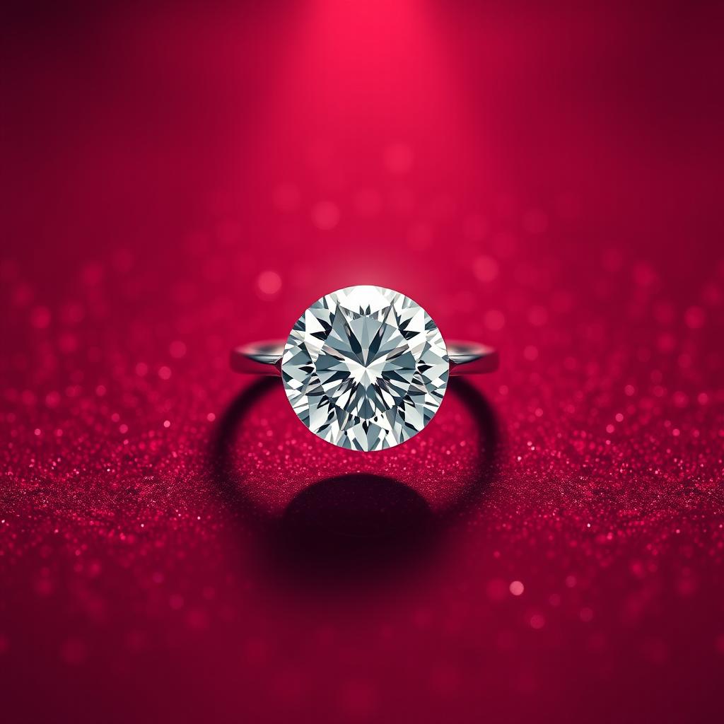 A stunning maroon sparkling background that radiates elegance, featuring a singular, exquisite shining diamond ring prominently displayed at the center