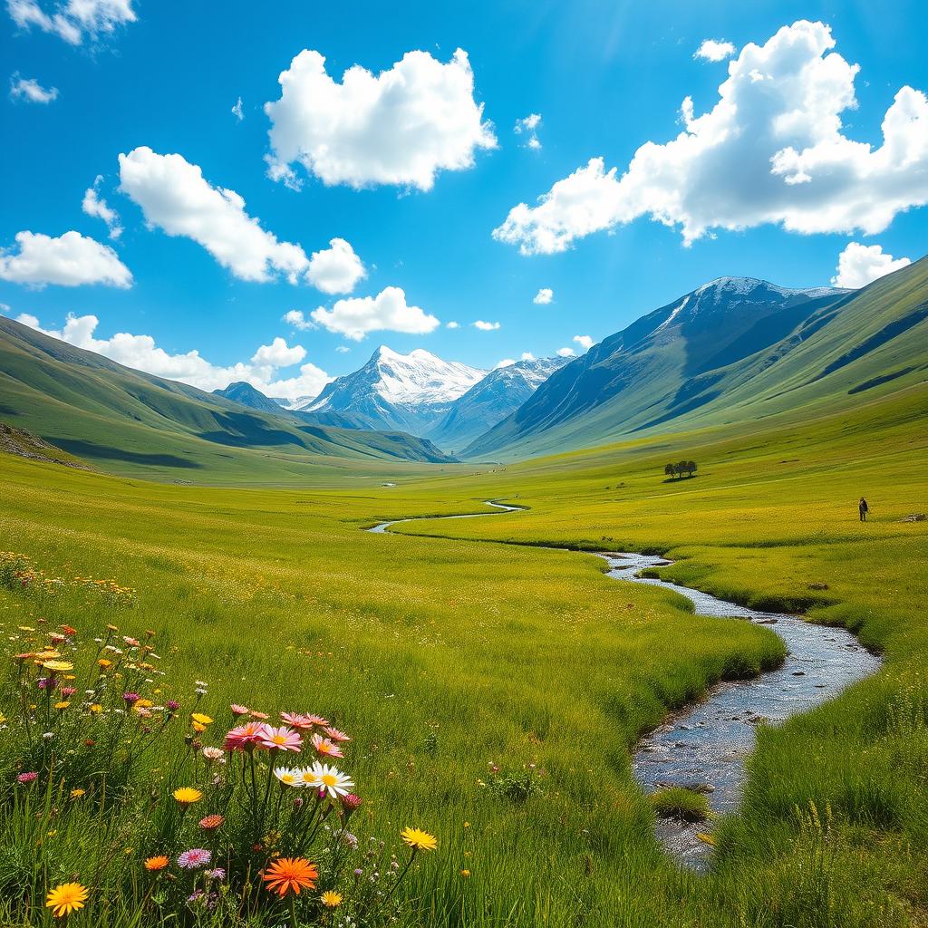A stunning and expansive landscape of a lush, green meadow surrounded by gentle rolling hills under a bright blue sky, with fluffy white clouds scattered throughout