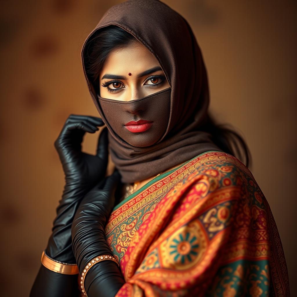 A hot Indian woman draped in a stunning saree featuring intricate patterns and bold colors, showcasing her elegance and allure