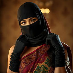A hot Indian woman draped in a stunning saree featuring intricate patterns and bold colors, showcasing her elegance and allure