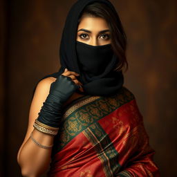A hot Indian woman draped in a stunning saree featuring intricate patterns and bold colors, showcasing her elegance and allure