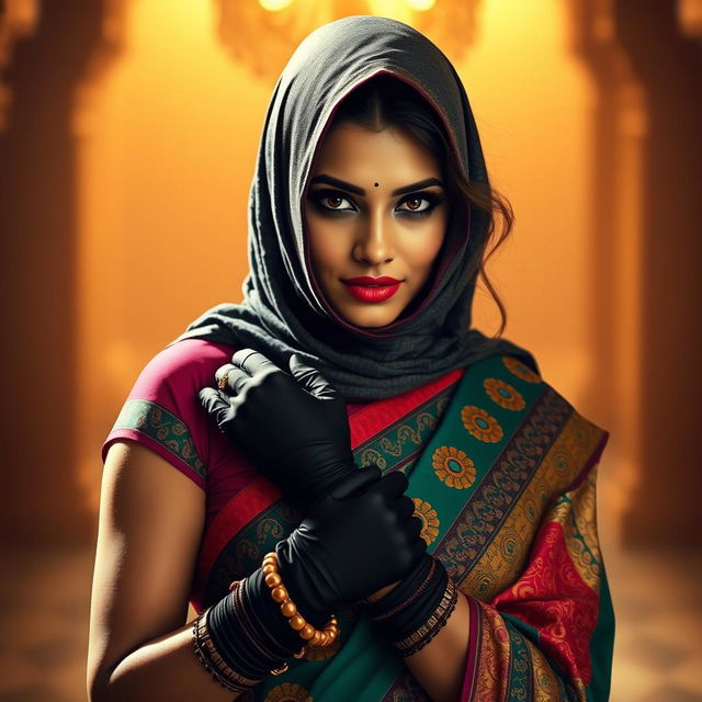 A hot Indian woman draped in a stunning saree featuring intricate patterns and bold colors, showcasing her elegance and allure