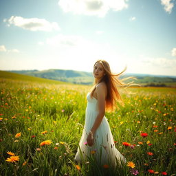 A serene and enchanting scene featuring a beautiful young woman with flowing hair, standing gracefully amidst lush green meadows adorned with vibrant wildflowers