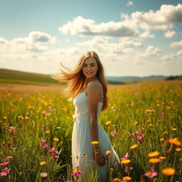 A serene and enchanting scene featuring a beautiful young woman with flowing hair, standing gracefully amidst lush green meadows adorned with vibrant wildflowers