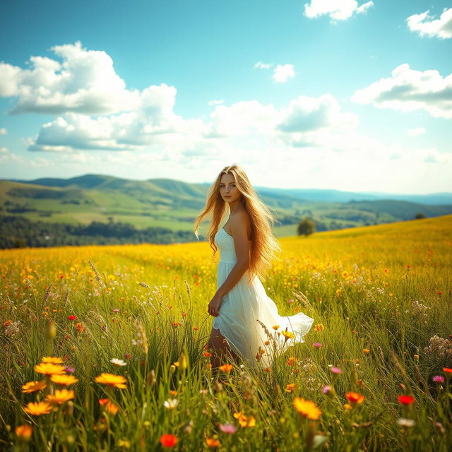 A serene and enchanting scene featuring a beautiful young woman with flowing hair, standing gracefully amidst lush green meadows adorned with vibrant wildflowers