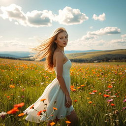 A serene and enchanting scene featuring a beautiful young woman with flowing hair, standing gracefully amidst lush green meadows adorned with vibrant wildflowers
