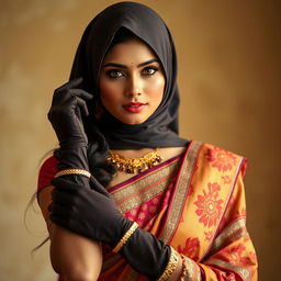 A hot Indian woman adorned in an exquisite saree, showcasing a blend of vibrant colors and detailed patterns that enhance her beauty