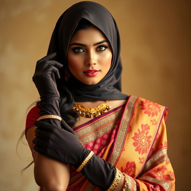 A hot Indian woman adorned in an exquisite saree, showcasing a blend of vibrant colors and detailed patterns that enhance her beauty