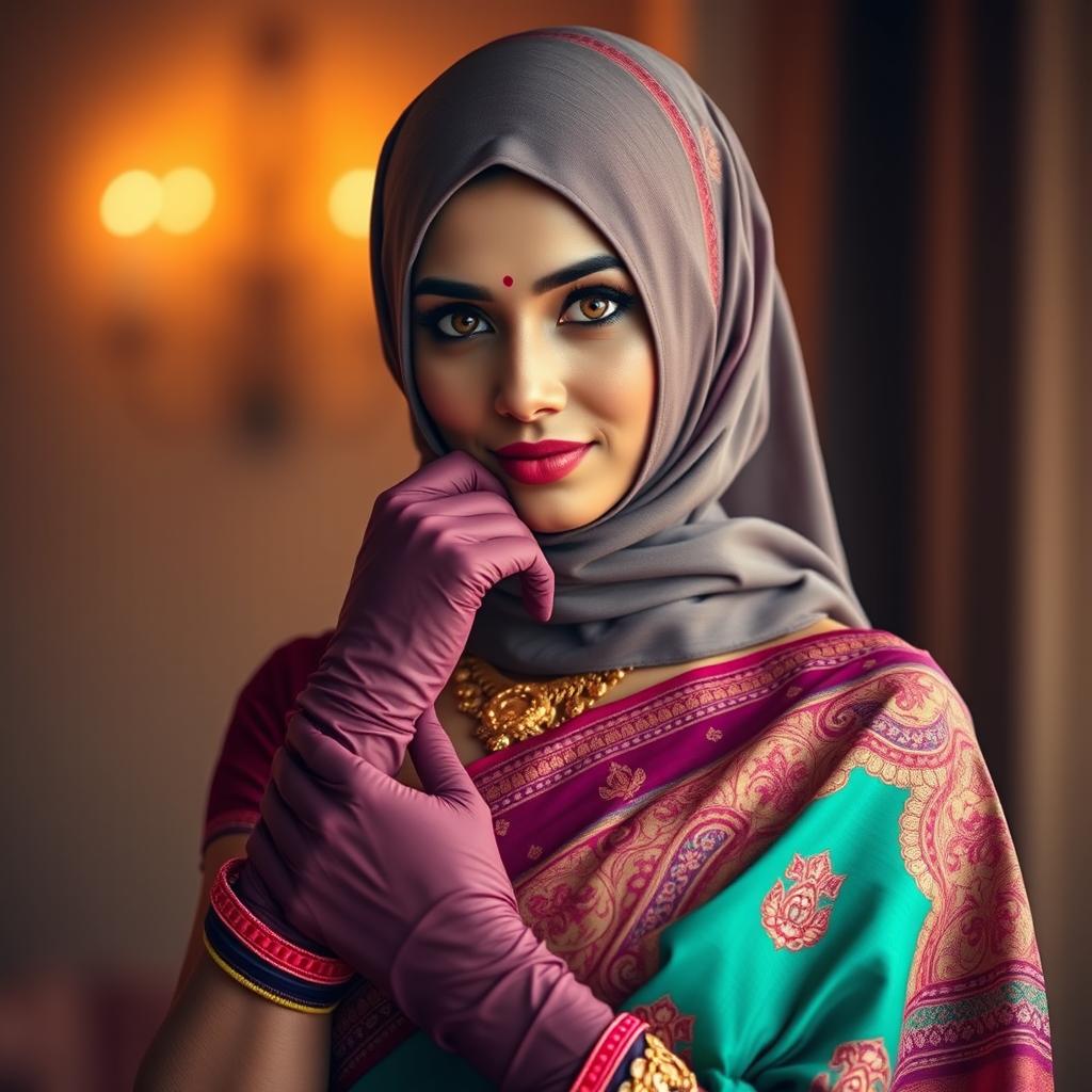 A hot Indian woman adorned in an exquisite saree, showcasing a blend of vibrant colors and detailed patterns that enhance her beauty