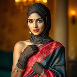 A hot Indian woman adorned in an exquisite saree, showcasing a blend of vibrant colors and detailed patterns that enhance her beauty