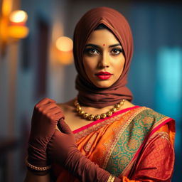 A hot Indian woman adorned in an exquisite saree, showcasing a blend of vibrant colors and detailed patterns that enhance her beauty