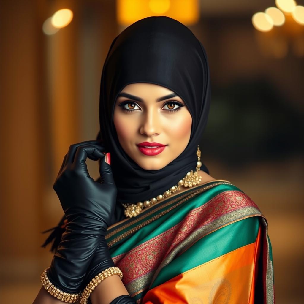 A hot Indian woman elegantly dressed in a beautifully crafted saree, showcasing vibrant colors and intricate designs that highlight her beauty