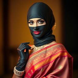 A hot Indian woman elegantly dressed in a beautifully crafted saree, showcasing vibrant colors and intricate designs that highlight her beauty