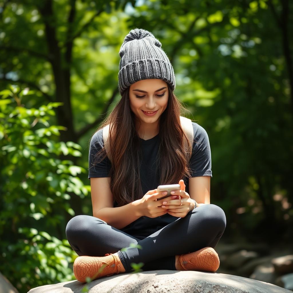A young woman wearing a stylish beanie, surrounded by lush greenery in a serene nature setting