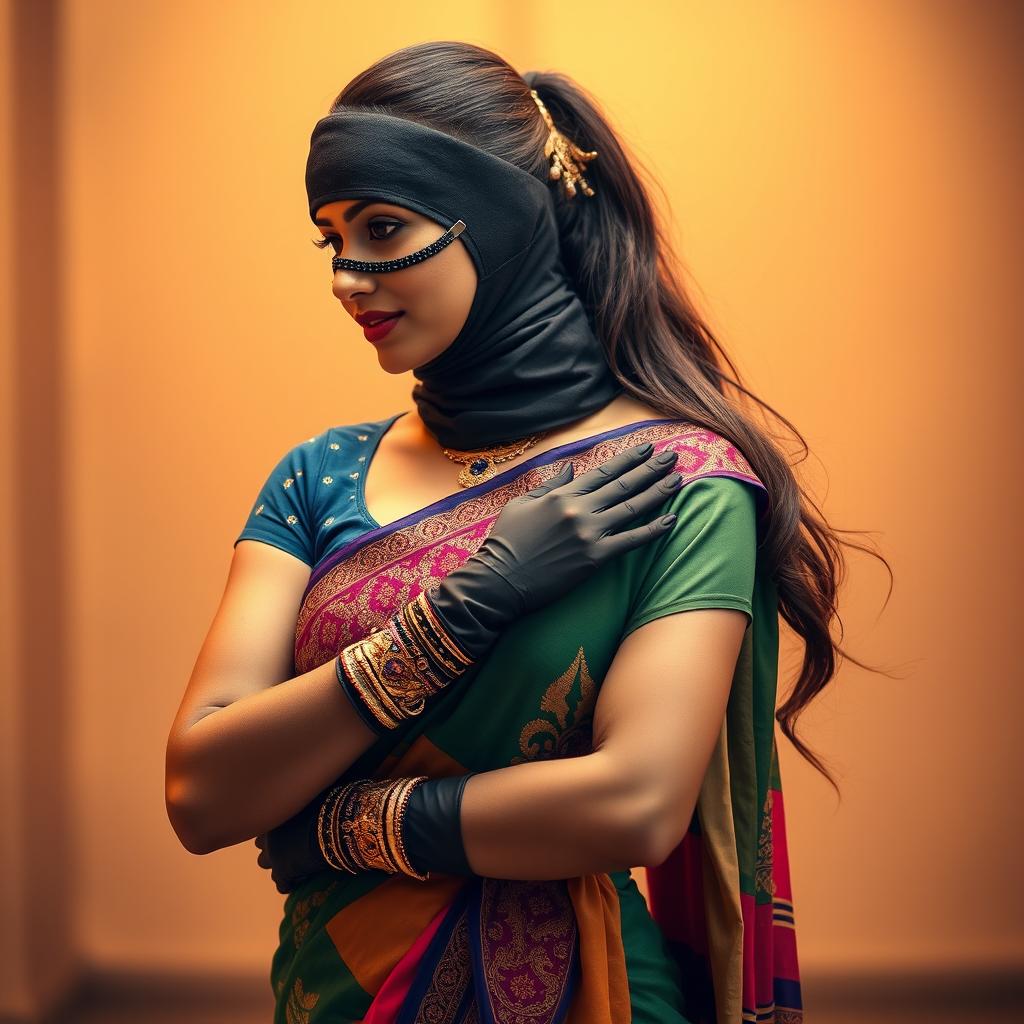 A hot Indian woman elegantly dressed in a vibrant saree, featuring intricate designs and rich colors that enhance her beauty