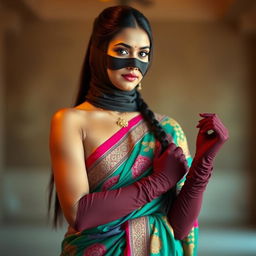 A hot Indian woman elegantly dressed in a vibrant saree, featuring intricate designs and rich colors that enhance her beauty