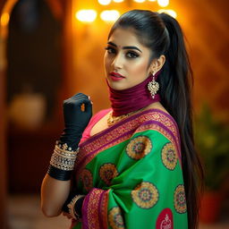A hot Indian woman elegantly dressed in a vibrant saree, featuring intricate designs and rich colors that enhance her beauty
