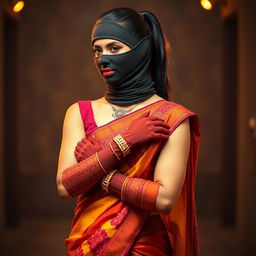A hot Indian woman elegantly dressed in a vibrant saree, featuring intricate designs and rich colors that enhance her beauty